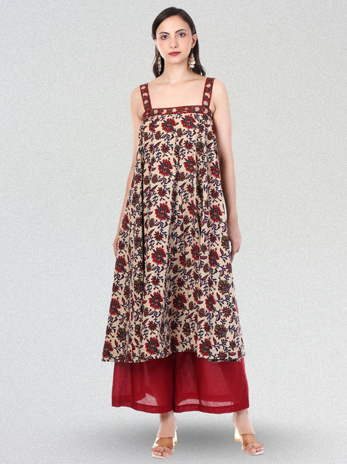 Elegant Beige & Maroon Floral Hand Block Printed Cotton Kurta with Palazzo – Ethnic Wear for Women