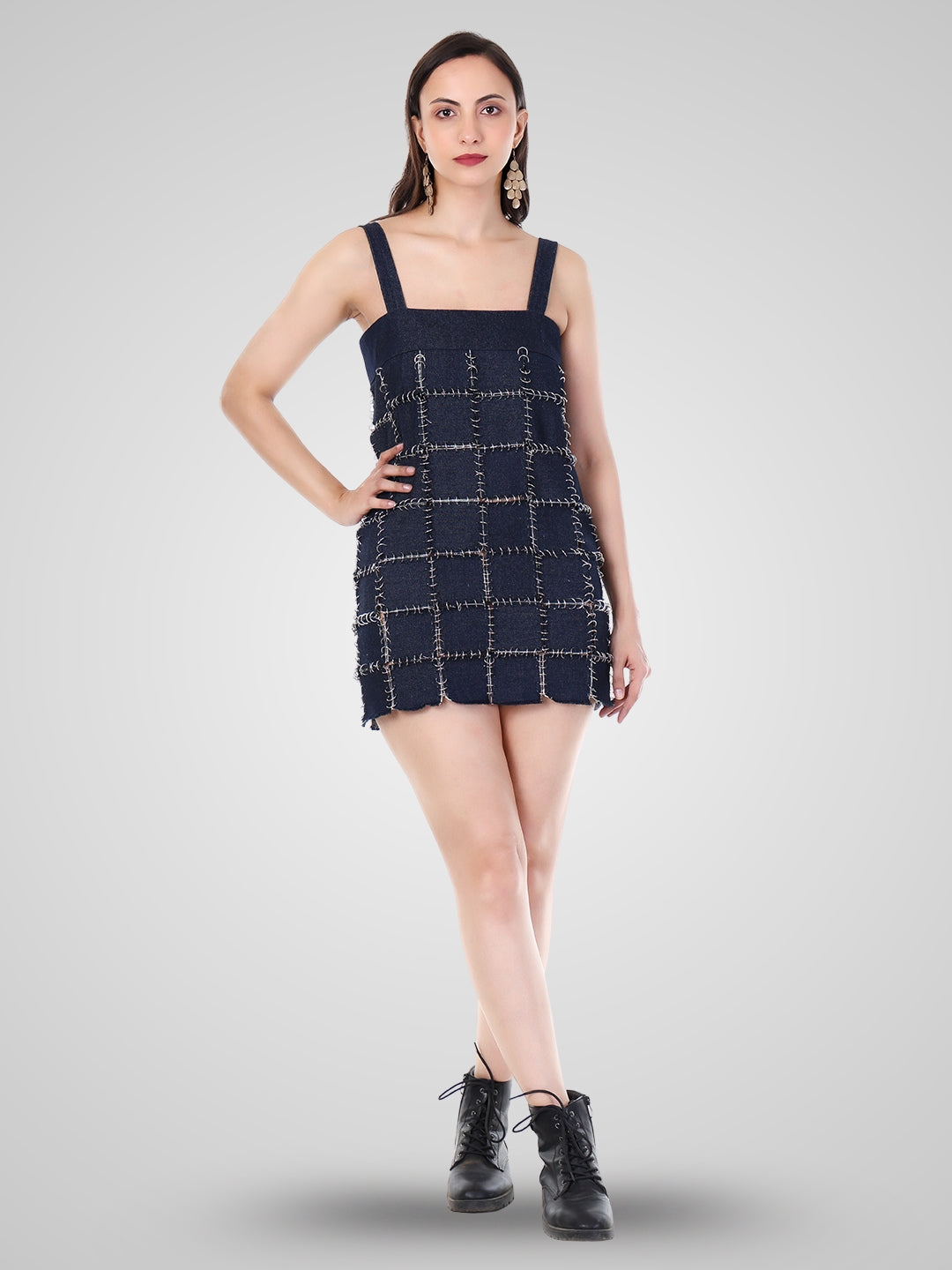 Women’s Denim Pinafore Mini Dress | Square Neck, Wide Straps & Edgy Street Style