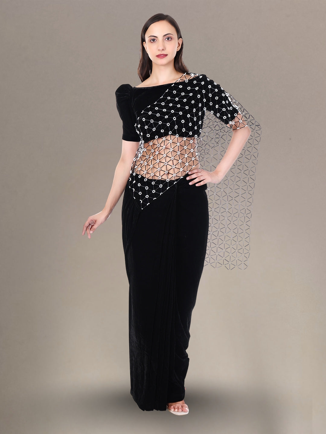 Women’s Black Velvet Ready Wear Saree with Glass Beads Pallu Hand Embroidery Perfect for Parties, Weddings & Festivals