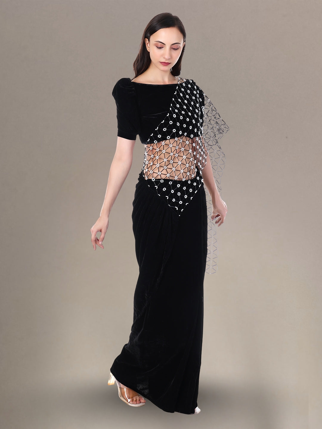 Women’s Black Velvet Ready Wear Saree with Glass Beads Pallu Hand Embroidery Perfect for Parties, Weddings & Festivals