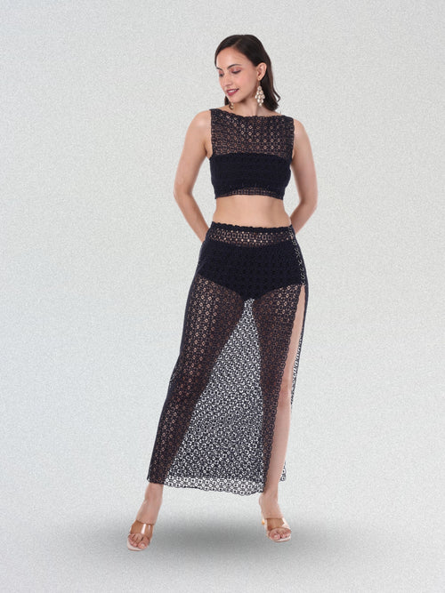 Elegant Navy Blue Crochet Skirt with Top Style with Side Slit Stylish Beach & Party Wear Co-ord Set
