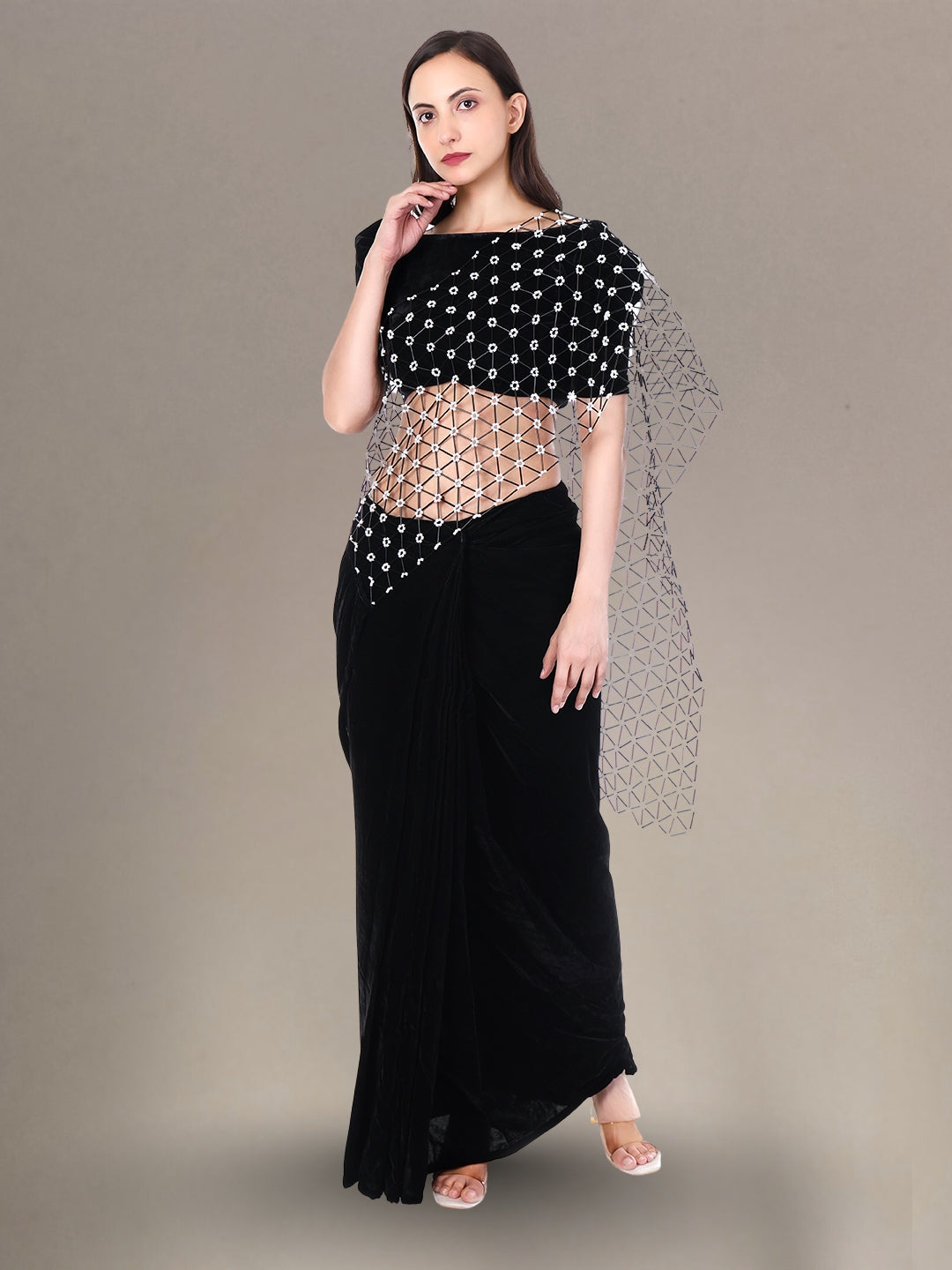 Women’s Black Velvet Ready Wear Saree with Glass Beads Pallu Hand Embroidery Perfect for Parties, Weddings & Festivals