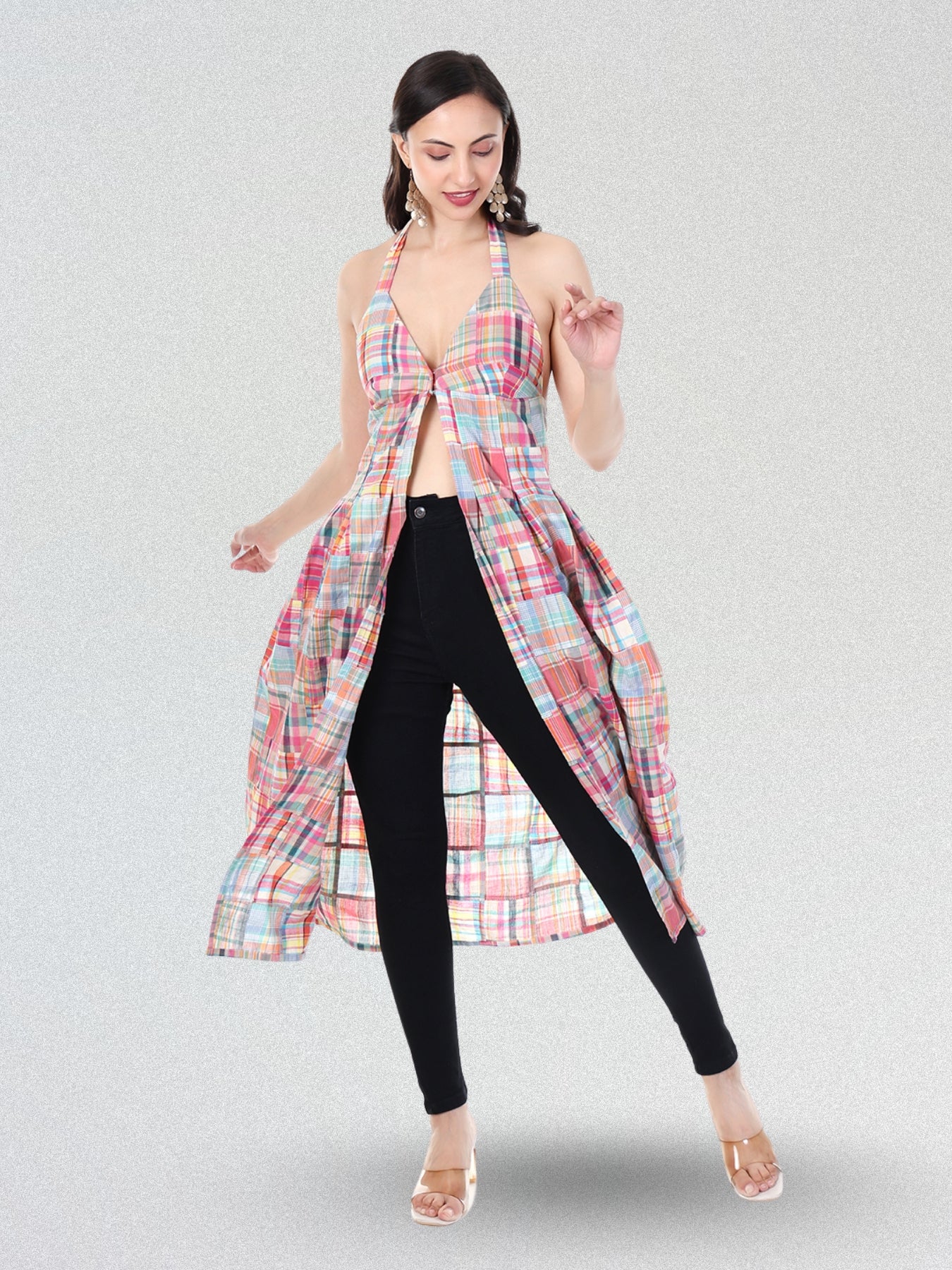 Women’s Halter Neck Patchwork Check Front Open Kurti | Stylish Western Wear