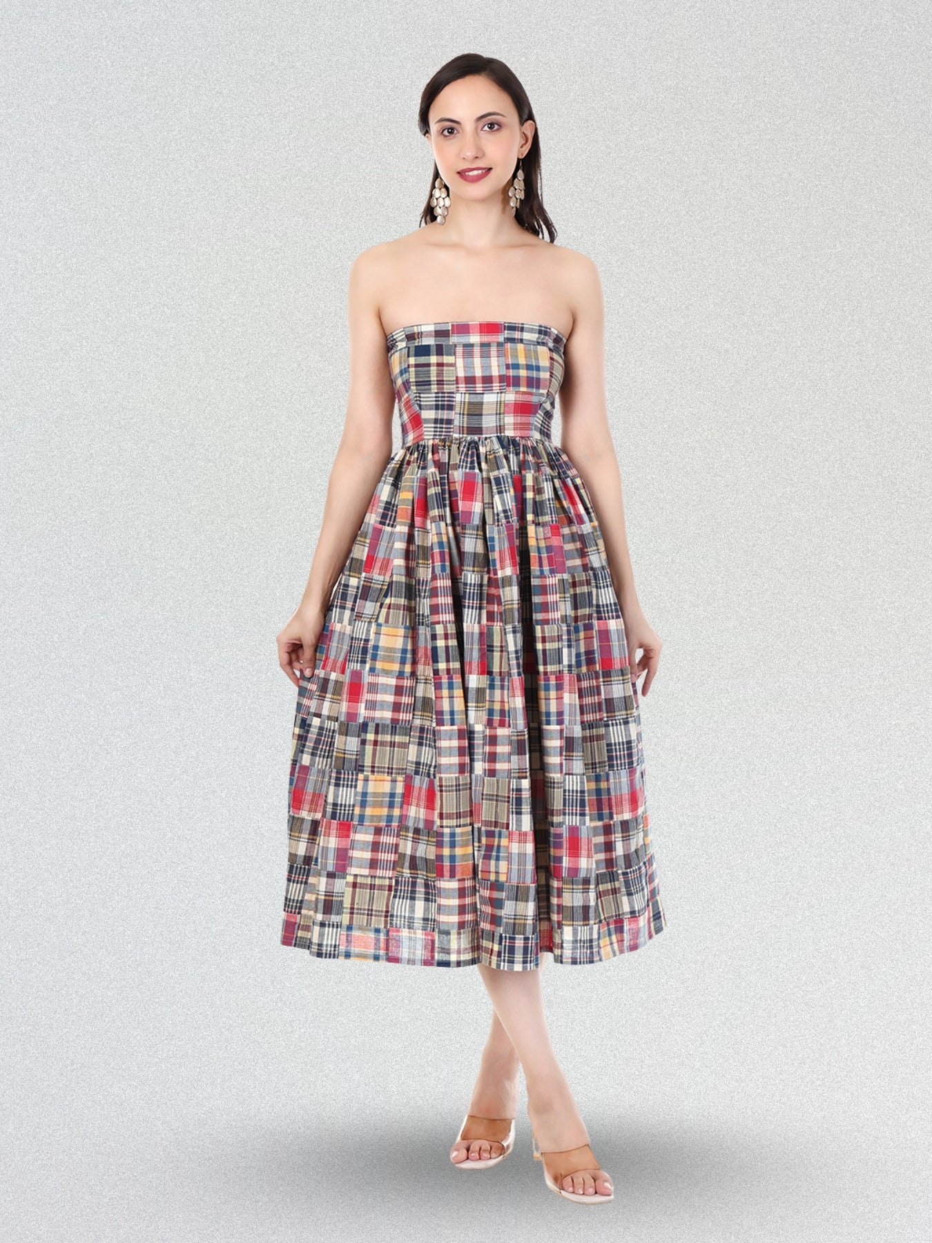 Women’s Patchwork Check Pattern Calf Length Strapless Midi Dress | Smocked Fit, Flowy Skirt & Summer Chic Style