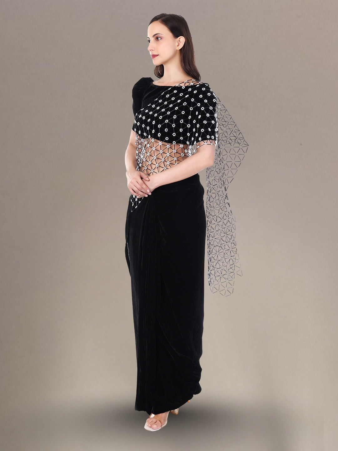 Women’s Black Velvet Ready Wear Saree with Glass Beads Pallu Hand Embroidery Perfect for Parties, Weddings & Festivals