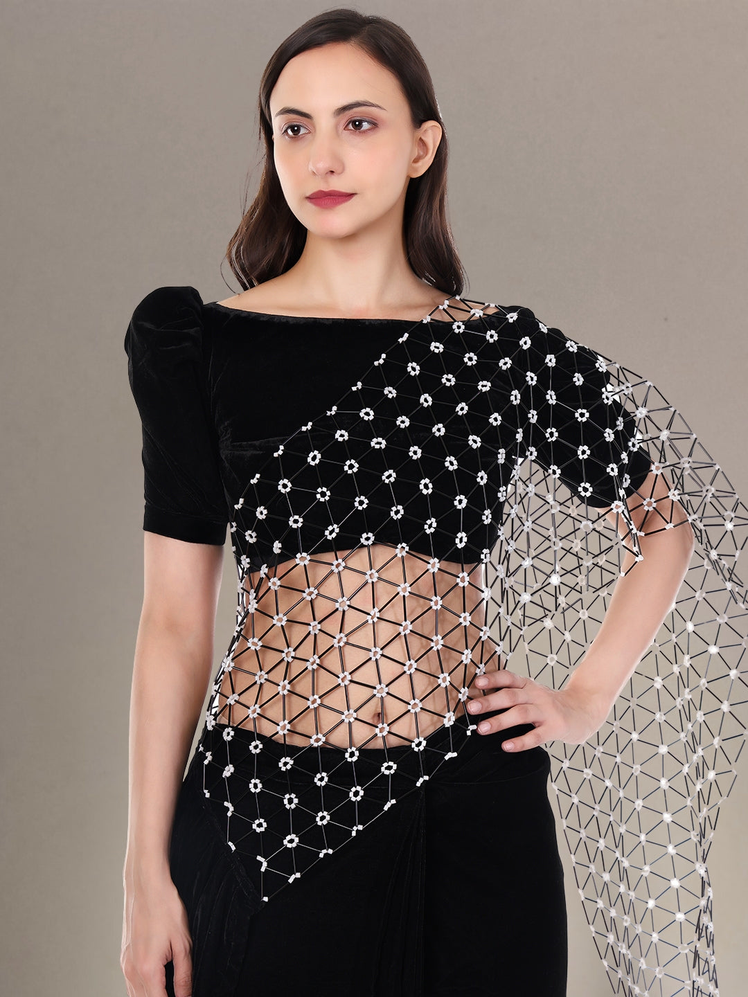 Women’s Black Velvet Ready Wear Saree with Glass Beads Pallu Hand Embroidery Perfect for Parties, Weddings & Festivals