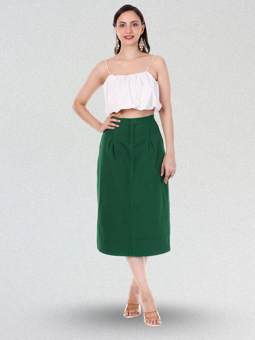 Elegant Solid Green High-Waist Midi A Line Skirt for Women