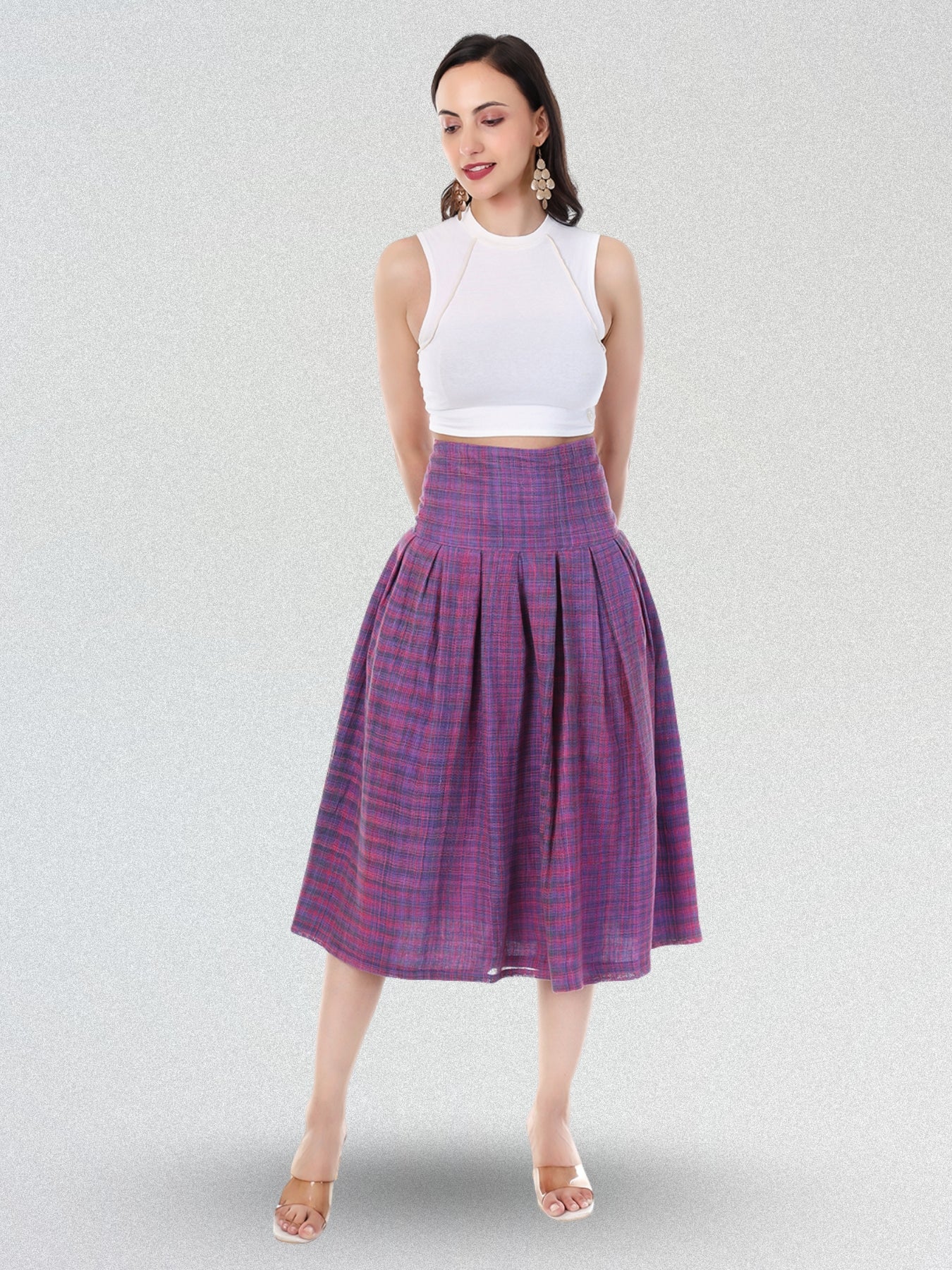Vintage High-Waist Pleated Midi Skirt in Purple & Pink Plaid