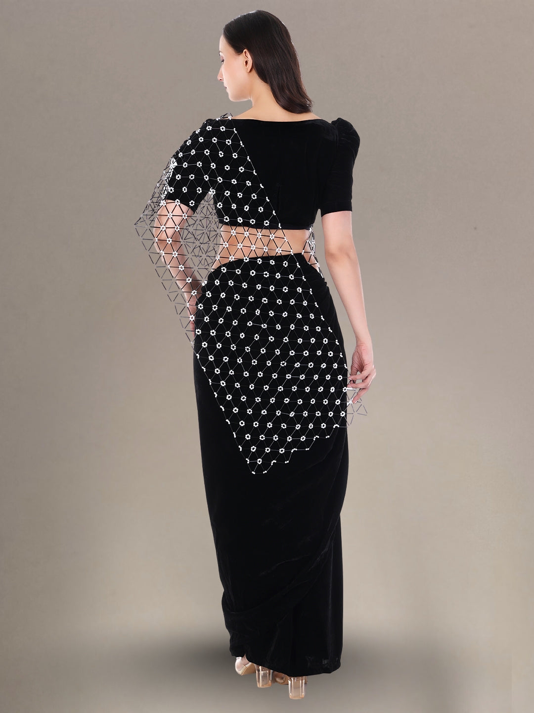 Women’s Black Velvet Ready Wear Saree with Glass Beads Pallu Hand Embroidery Perfect for Parties, Weddings & Festivals