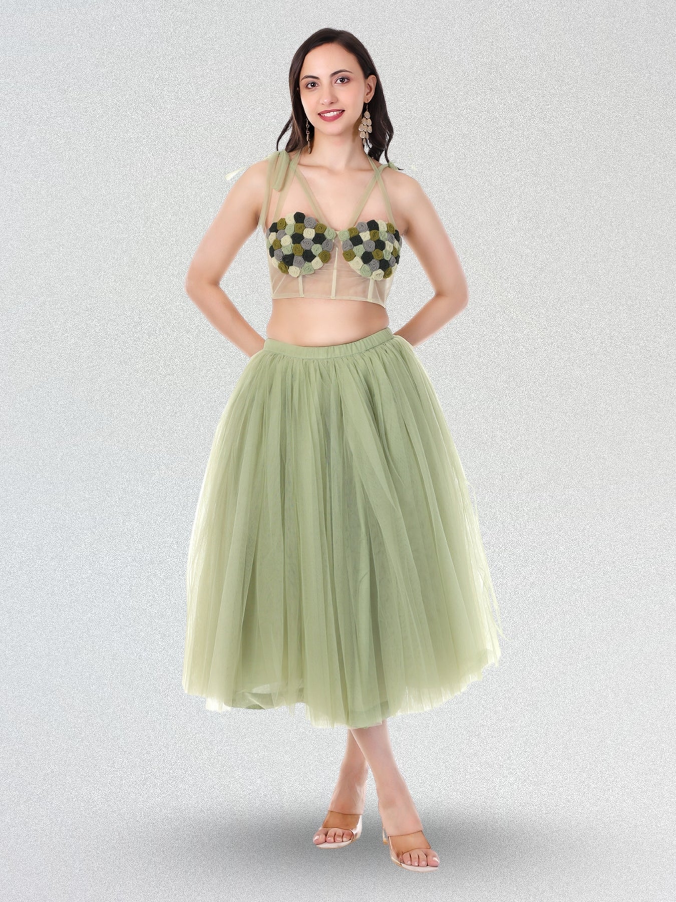 FABBIT Pistachio Green Net Skirt with Top with Rose Midi Designer Party Wear Co-ord Set