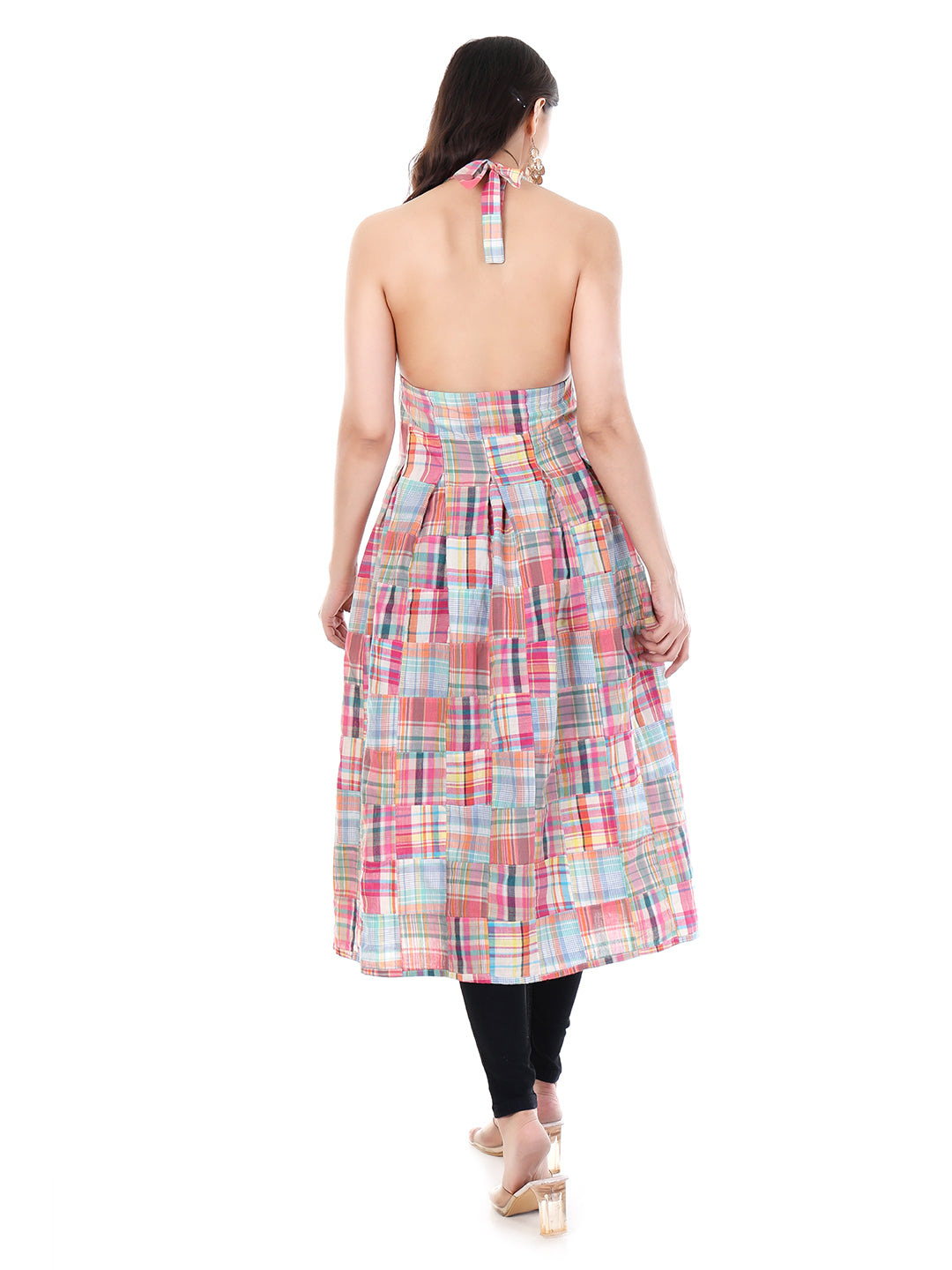 Women’s Halter Neck Patchwork Check Front Open Kurti | Stylish Western Wear