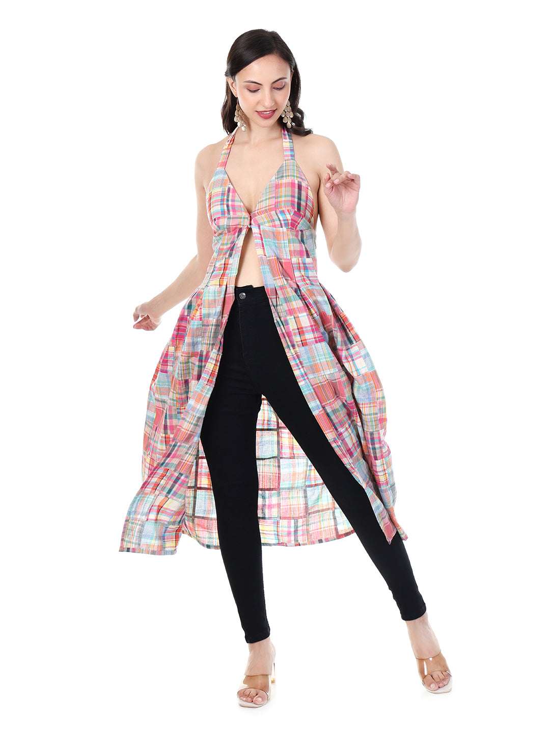 Women’s Halter Neck Patchwork Check Front Open Kurti | Stylish Western Wear