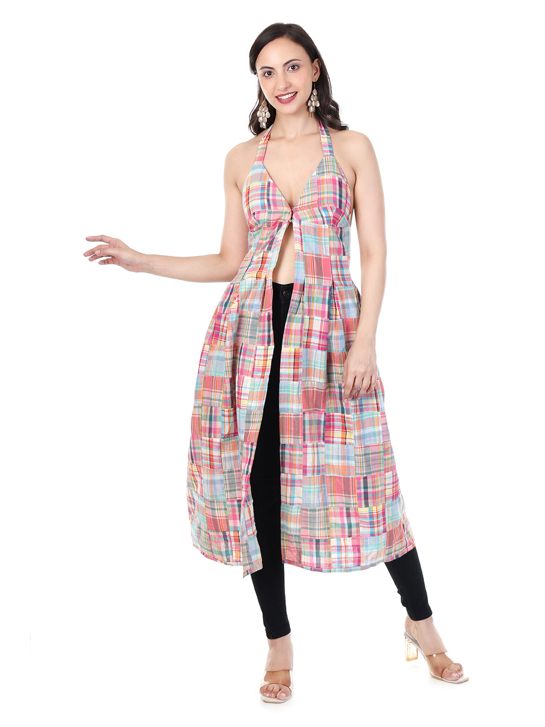 Women’s Halter Neck Patchwork Check Front Open Kurti | Stylish Western Wear