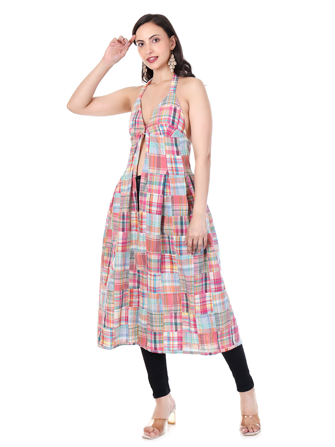 Women’s Halter Neck Patchwork Check Front Open Kurti | Stylish Western Wear