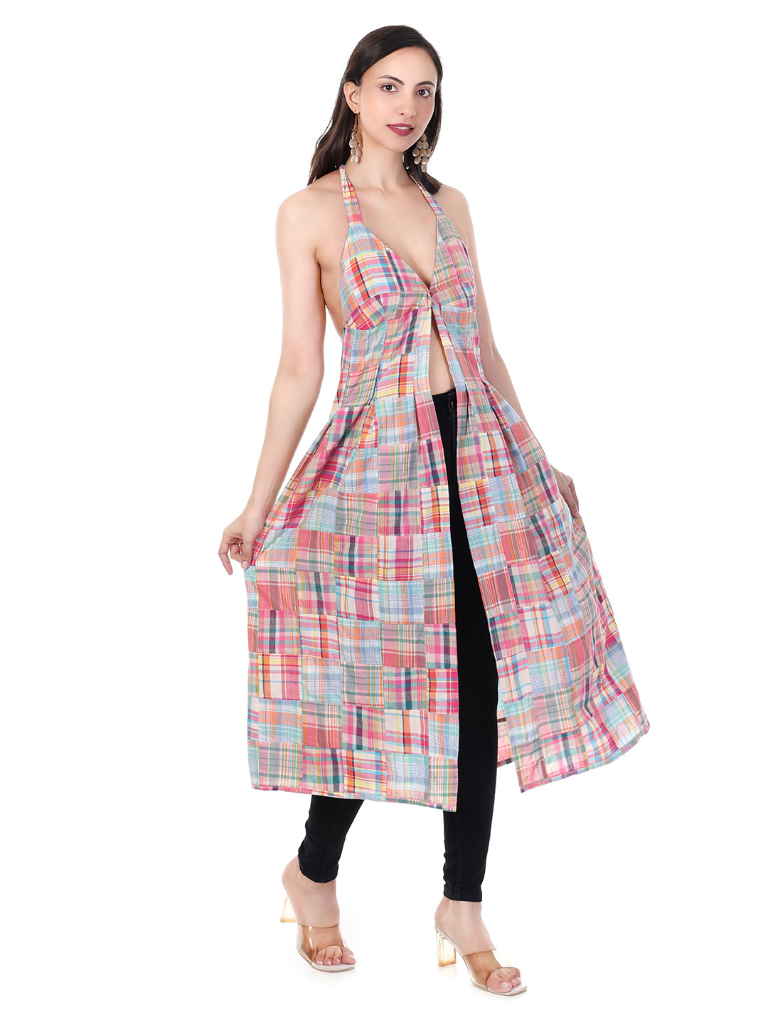 Women’s Halter Neck Patchwork Check Front Open Kurti | Stylish Western Wear