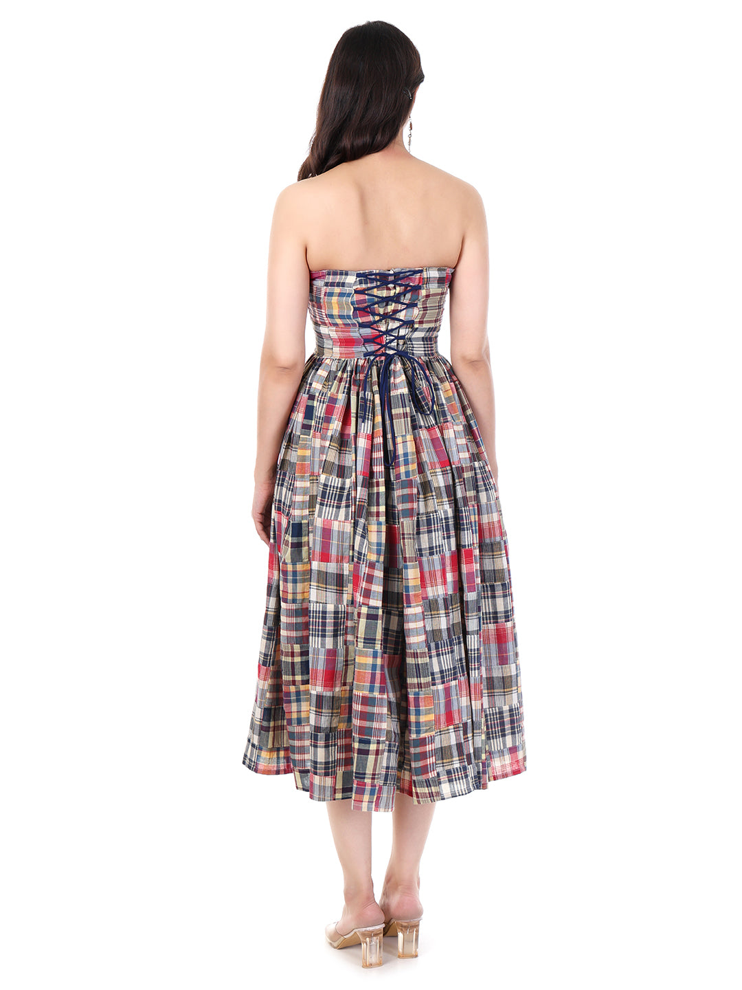 Women’s Patchwork Check Pattern Calf Length Strapless Midi Dress | Smocked Fit, Flowy Skirt & Summer Chic Style