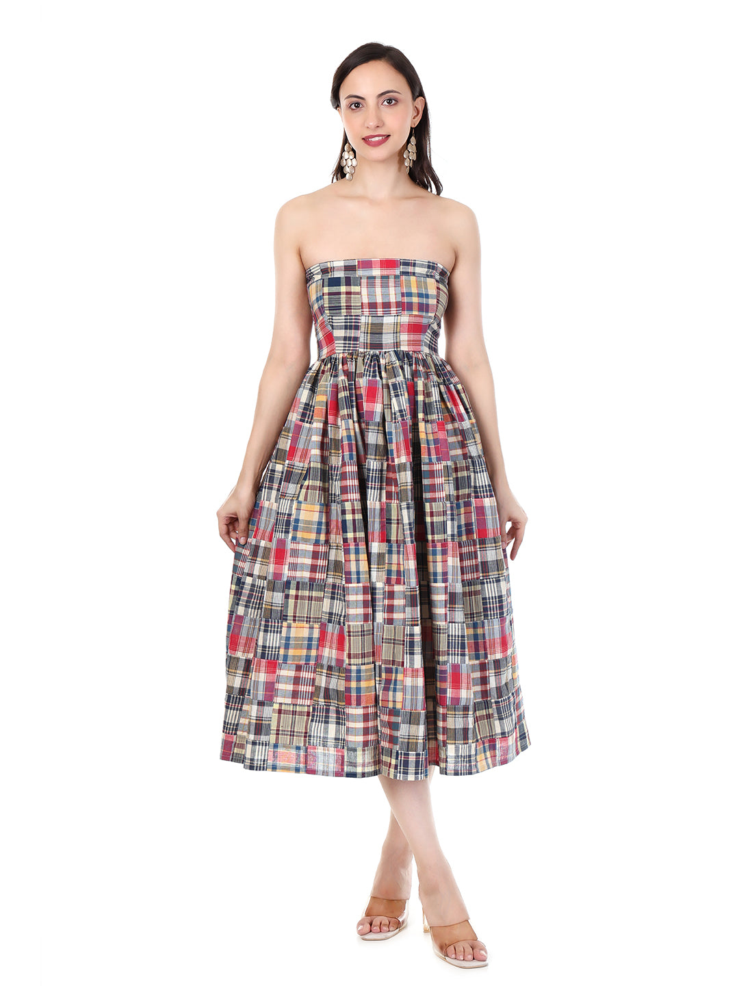 Women’s Patchwork Check Pattern Calf Length Strapless Midi Dress | Smocked Fit, Flowy Skirt & Summer Chic Style