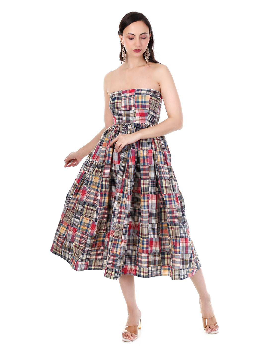 Women’s Patchwork Check Pattern Calf Length Strapless Midi Dress | Smocked Fit, Flowy Skirt & Summer Chic Style