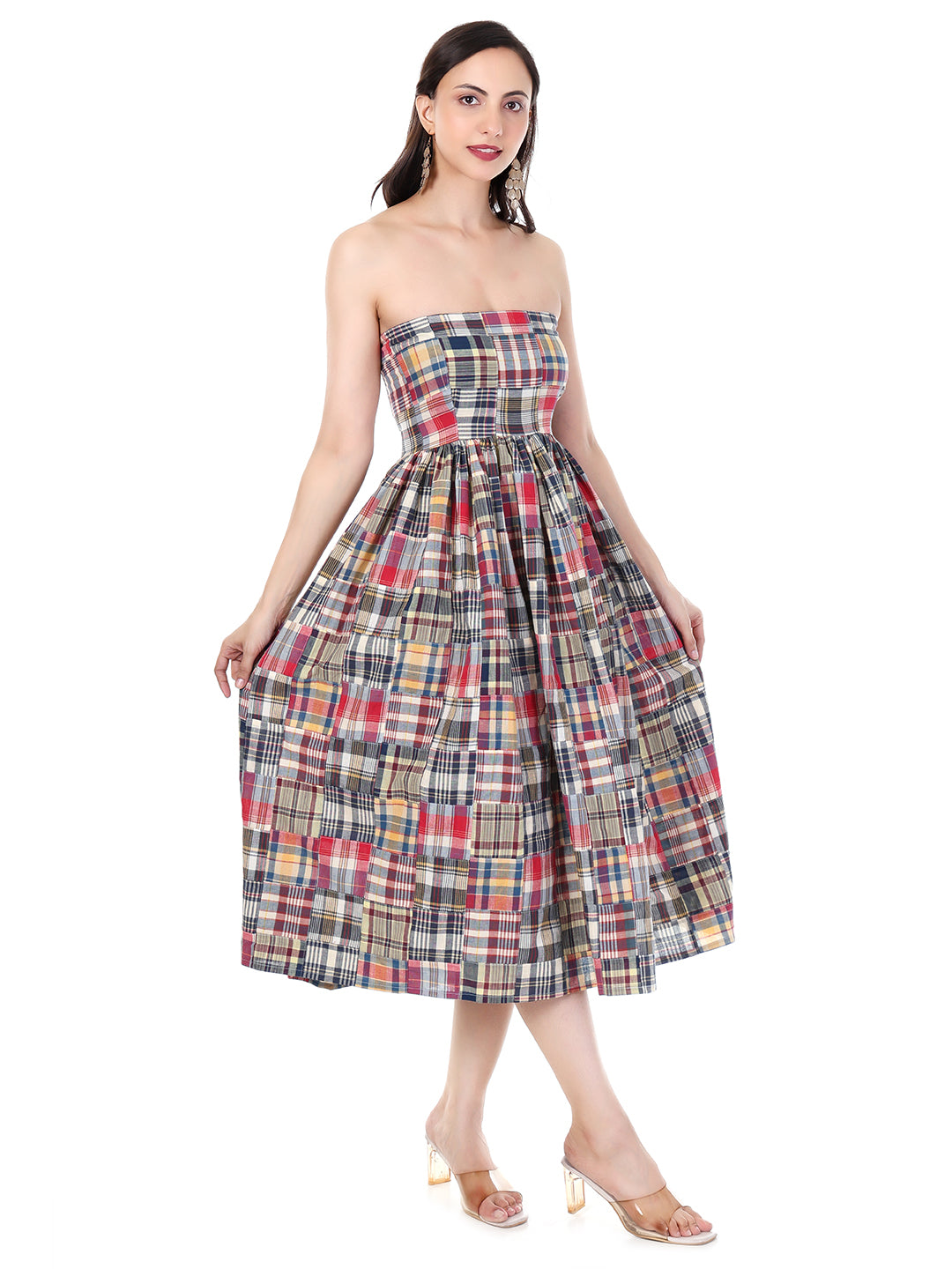 Women’s Patchwork Check Pattern Calf Length Strapless Midi Dress | Smocked Fit, Flowy Skirt & Summer Chic Style