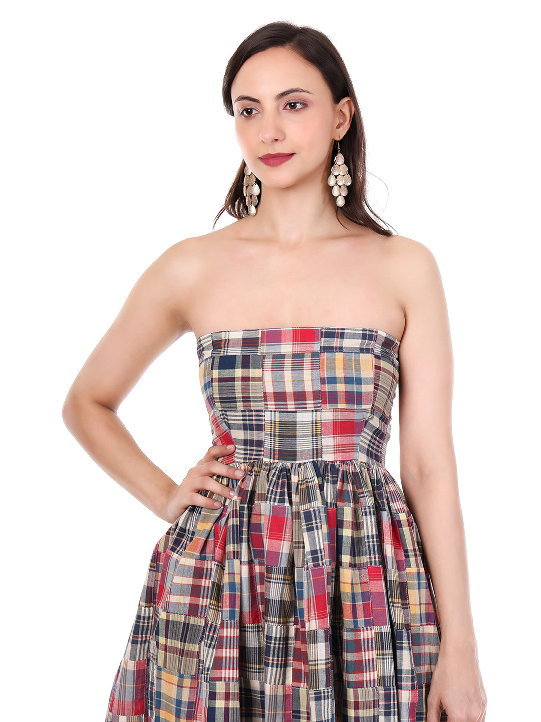 Women’s Patchwork Check Pattern Calf Length Strapless Midi Dress | Smocked Fit, Flowy Skirt & Summer Chic Style