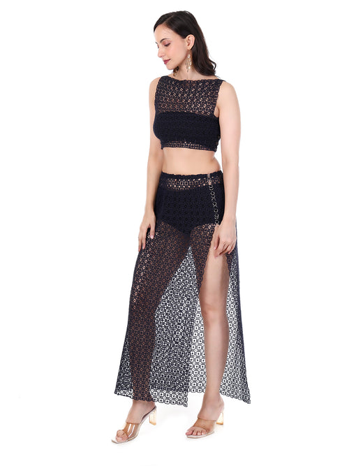 Elegant Navy Blue Crochet Skirt with Top Style with Side Slit Stylish Beach & Party Wear Co-ord Set