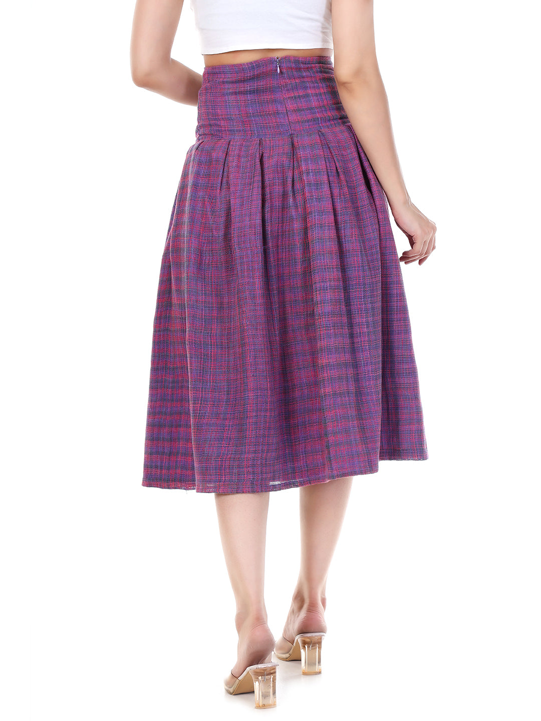 Vintage High-Waist Pleated Midi Skirt in Purple & Pink Plaid