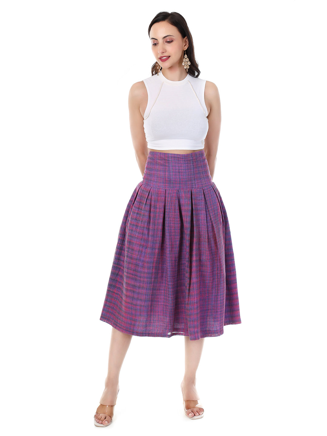 Vintage High-Waist Pleated Midi Skirt in Purple & Pink Plaid
