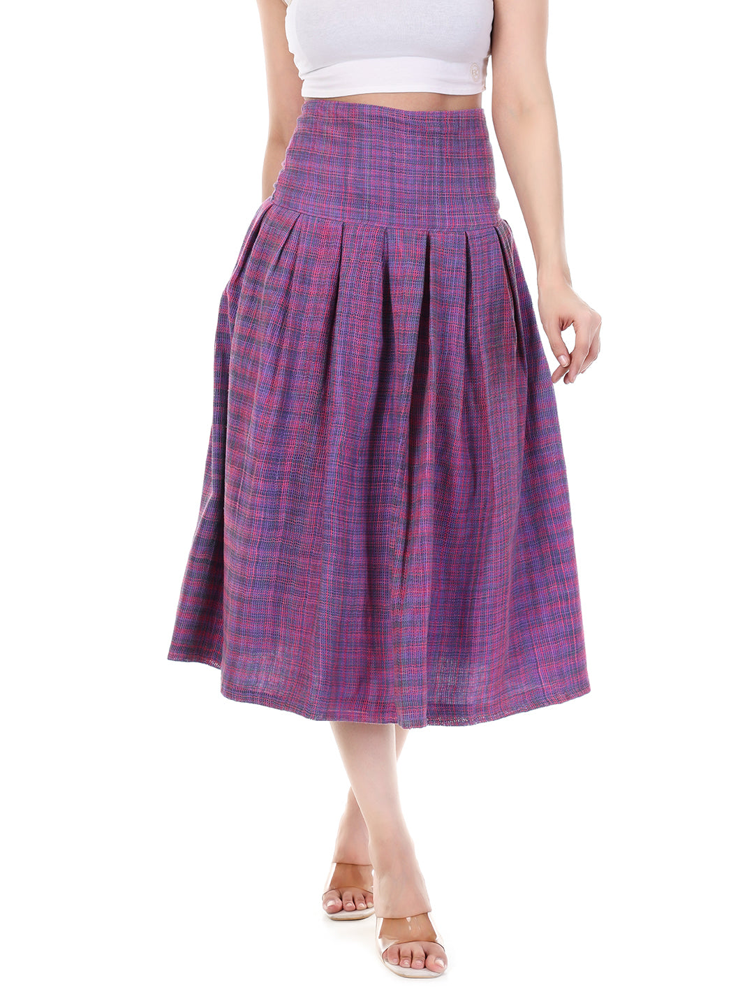 Vintage High-Waist Pleated Midi Skirt in Purple & Pink Plaid