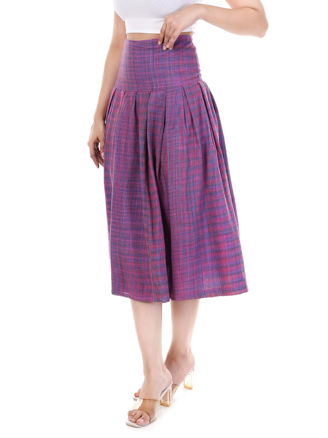 Vintage High-Waist Pleated Midi Skirt in Purple & Pink Plaid