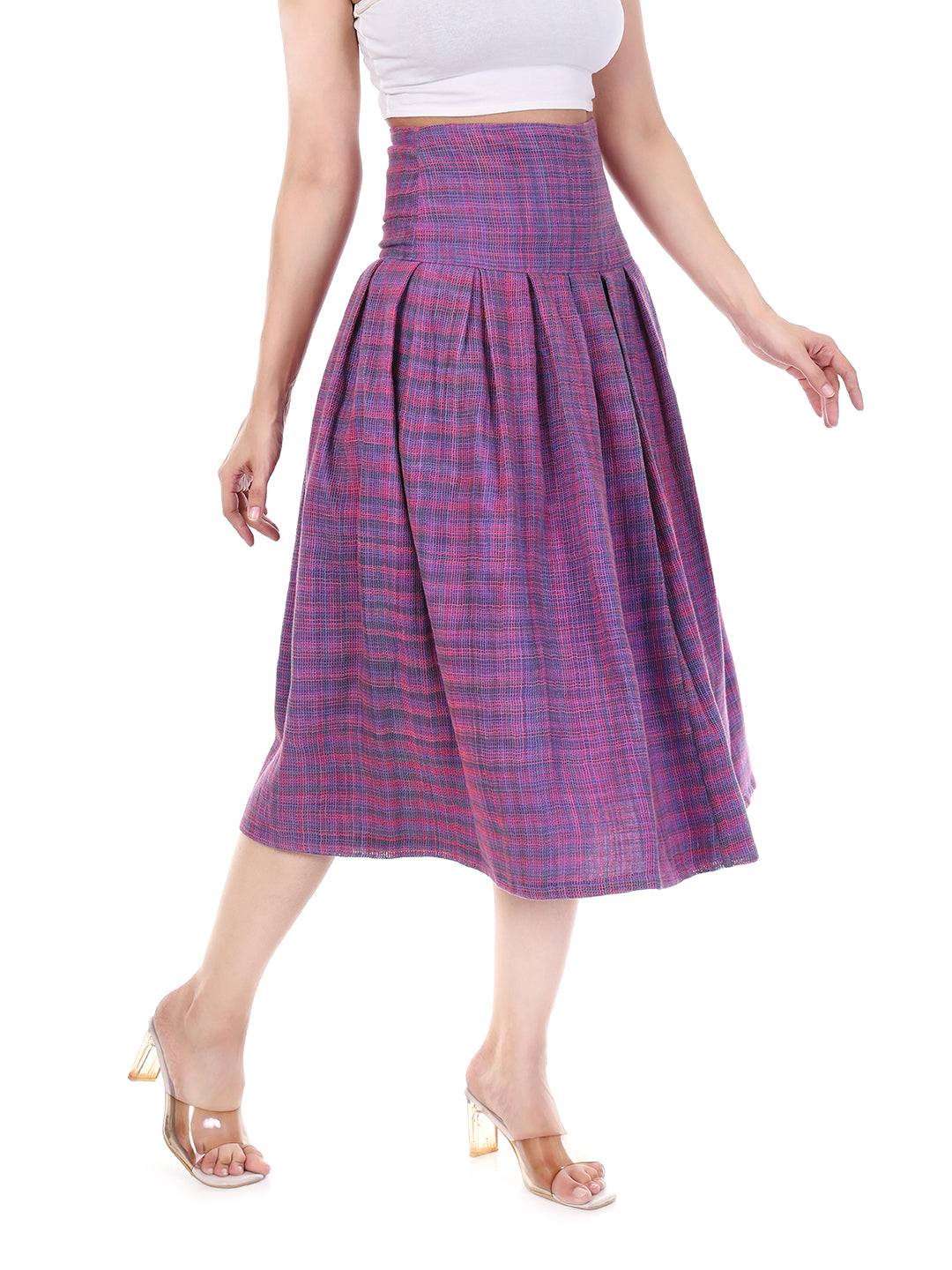 Vintage High-Waist Pleated Midi Skirt in Purple & Pink Plaid