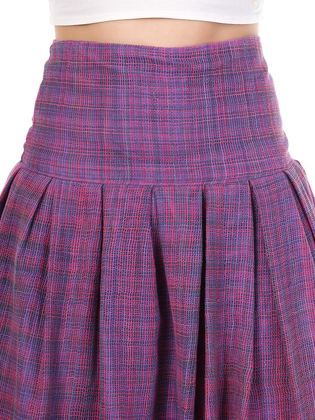 Vintage High-Waist Pleated Midi Skirt in Purple & Pink Plaid