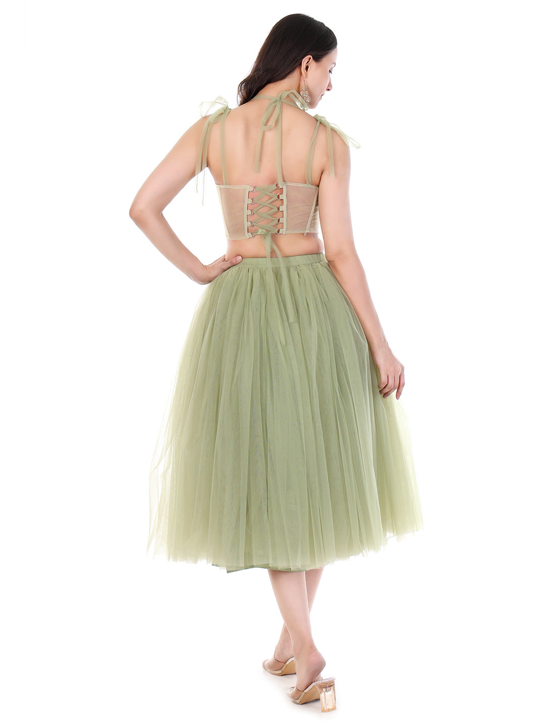 FABBIT Pistachio Green Net Skirt with Top with Rose Midi Designer Party Wear Co-ord Set