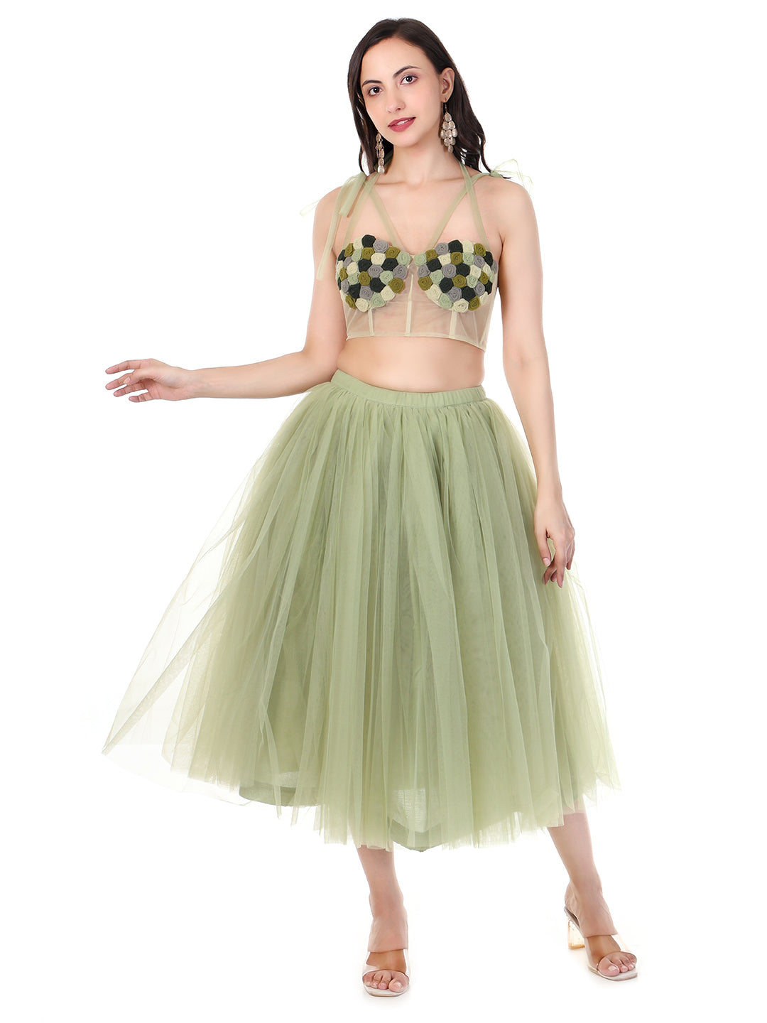 FABBIT Pistachio Green Net Skirt with Top with Rose Midi Designer Party Wear Co-ord Set