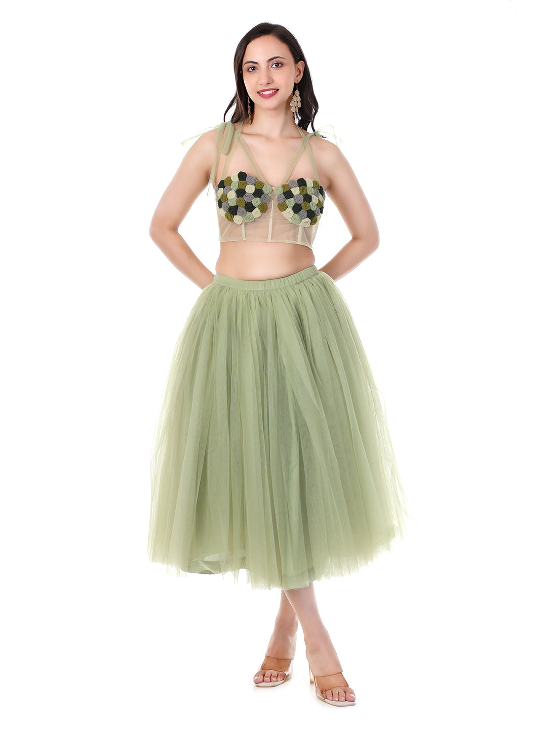 FABBIT Pistachio Green Net Skirt with Top with Rose Midi Designer Party Wear Co-ord Set