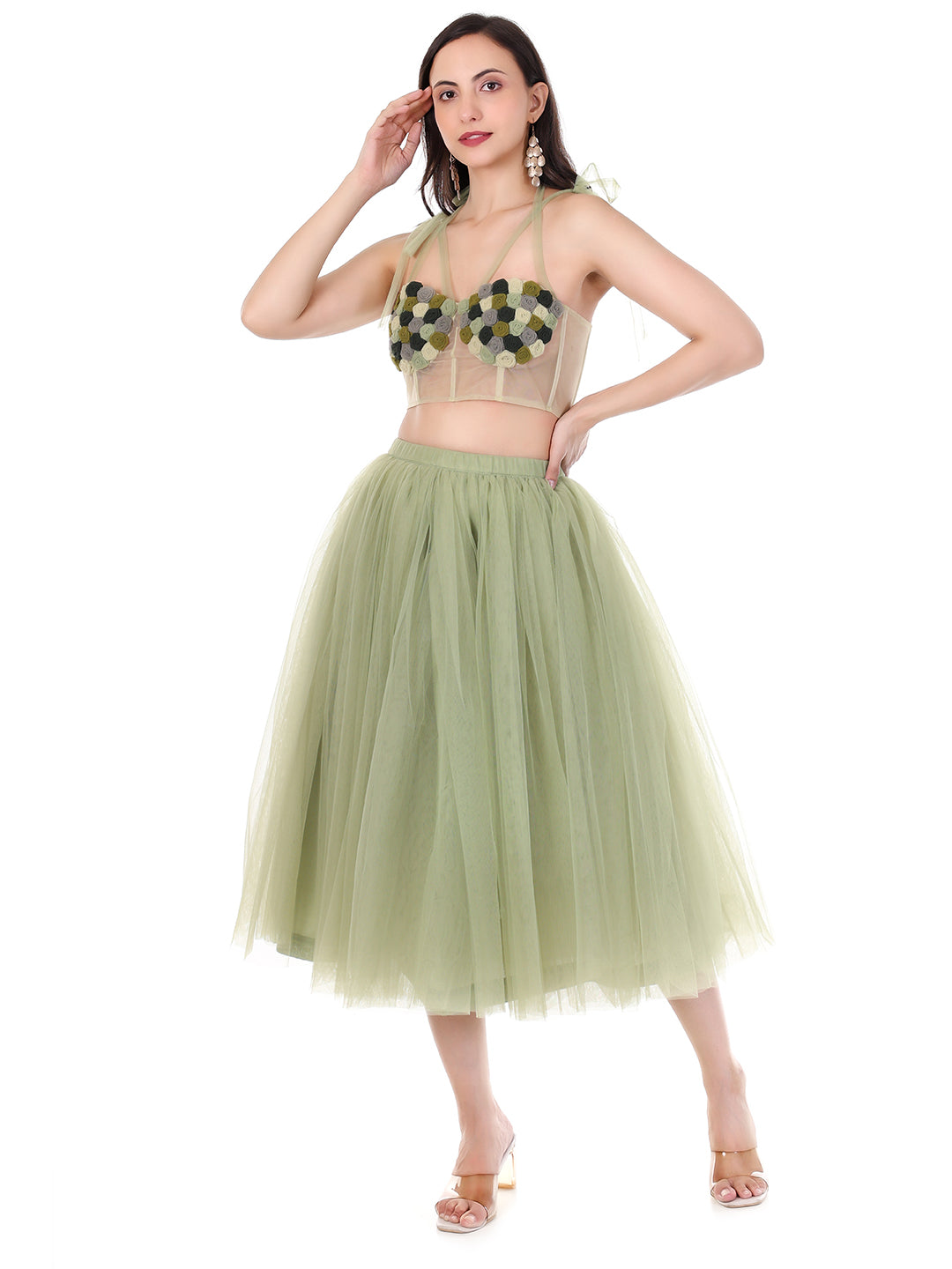 FABBIT Pistachio Green Net Skirt with Top with Rose Midi Designer Party Wear Co-ord Set