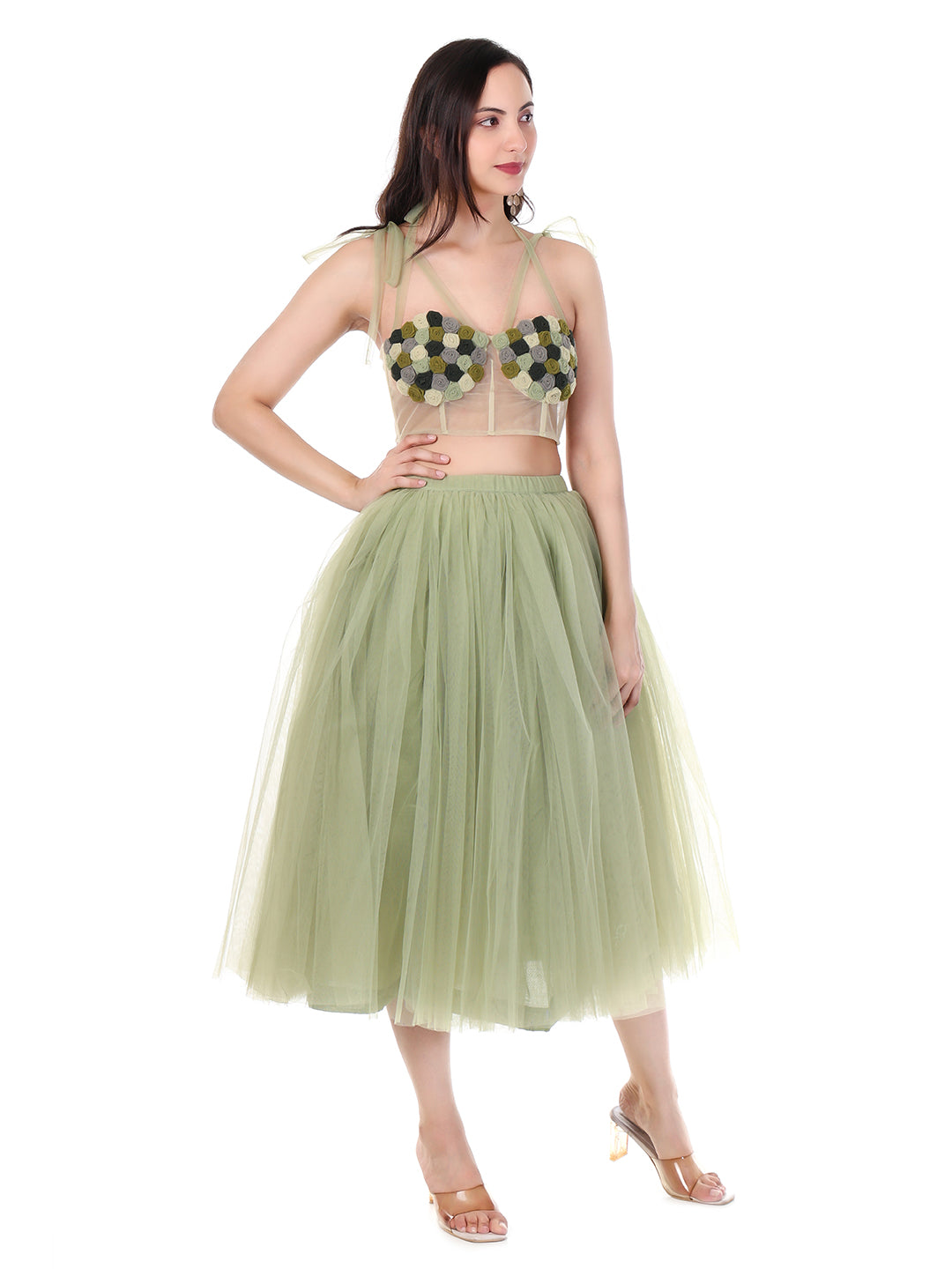 FABBIT Pistachio Green Net Skirt with Top with Rose Midi Designer Party Wear Co-ord Set