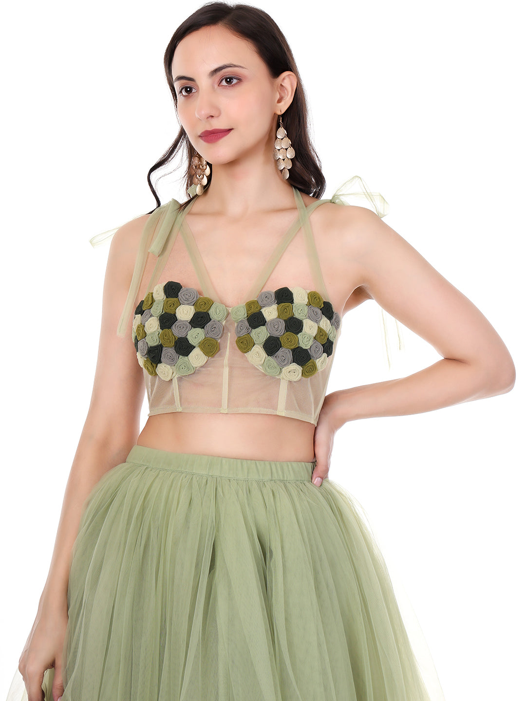 FABBIT Pistachio Green Net Skirt with Top with Rose Midi Designer Party Wear Co-ord Set