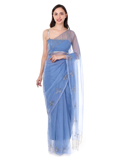 Blue Organza Saree with Glass Beads Hand Embroidery Elegant Designer Party Wear