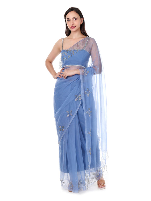 Blue Organza Saree with Glass Beads Hand Embroidery Elegant Designer Party Wear