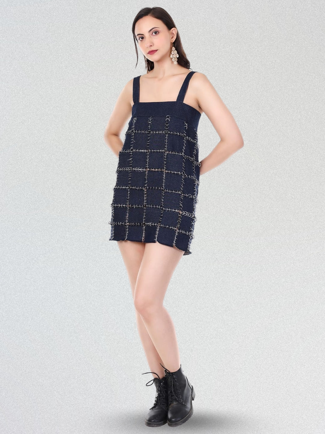 Women’s Denim Pinafore Mini Dress | Square Neck, Wide Straps & Edgy Street Style